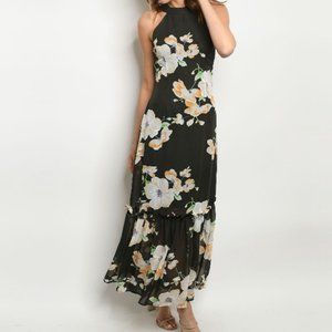 Ruffle Tier Floral Halter Maxi Dress Black